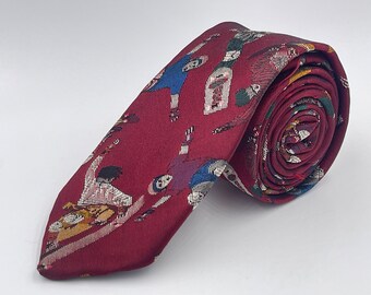 Vintage 1980s Skinny Red Rayon Tie with Skateboard Pattern by Andhurst