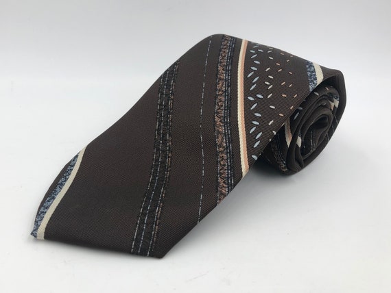 Vintage 1980s Skinny Brown Polyester Tie with Blu… - image 1