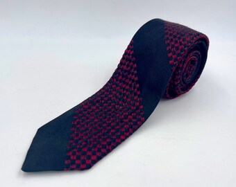 Vintage 1960s Skinny Black Silk Tie with Red Geometric Patterned Stripes by Burma Bibas