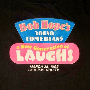 Vintage 1990s Black T-Shirt with Blue and Pink Bob Hope’s Young Comedians 1995 Screen Print by Anvil