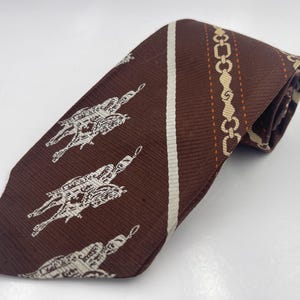 Vintage 1970s Brown Polyester Tie with Orange and White Grenadier Patterned Stripe