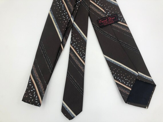 Vintage 1980s Skinny Brown Polyester Tie with Blu… - image 8