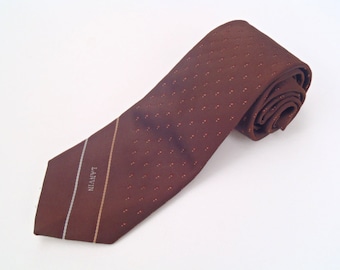Vintage 1980s Skinny Brown Polyester Tie with Pinstripes and Dots by Lanvin