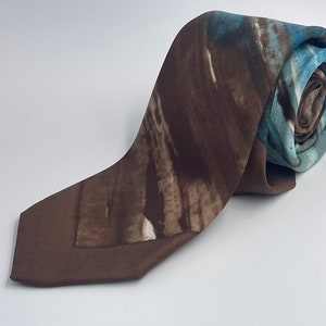 Vintage 1960s Skinny Brown Silk Tie with Tie-Dyed Aqua Blue Diagonal Stripes