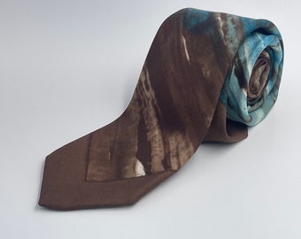 Vintage 1960s Skinny Brown Silk Tie with Tie-Dyed Aqua Blue Diagonal Stripes