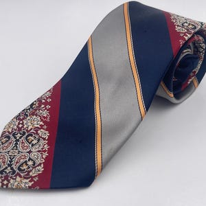 Vintage 1970s Navy Blue all Polyester Tie with Red and White Patterned Stripe by Mr. John by Beau Brummell