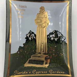 Vintage 1960s Cypress Gardens Florida St. Francis Assisi Birds Small Decorative Smoke Glass Souvenir Dish