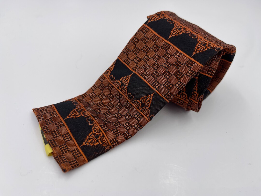 Vintage 1960s Square End Black Tie With Orange Arabesque Patterned ...