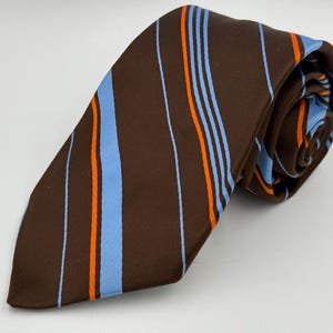 Vintage 1970s Wide Brown Tie with Blue and Orange Diagonal Stripes by Liebert