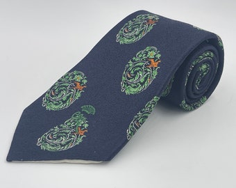 Vintage 1960s Navy Blue Silk Tie with Green and Orange Floral Patterned Stripe by Countess Mara from Geo. H. Wright Co. Huntington