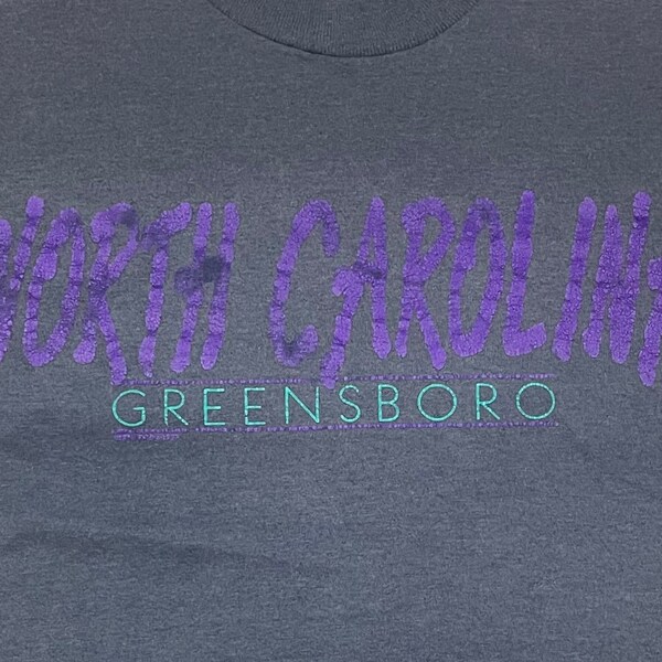 Vintage 1990s Dark Gray and Purple Greensboro North Carolina Souvenir T-Shirt by Screen Stars Best L