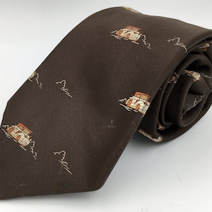 Vintage 1970s Brown Polyester Tie with Orange Antique Car Club Pattern