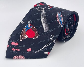 Vintage 1990s Black Silk Novelty Tie with Medical Print by Nicole Miller