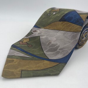 Vintage 1980s Gray Polyester Tie with Green Brown and Blue Geometric Pattern from Editions by Van Heusen