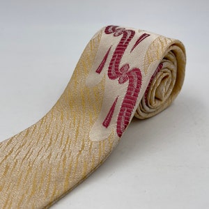 Vintage 1960s Square End Beige Tie with Peach Abstract Pattern with Red Underknot Design by Siboney Cravat