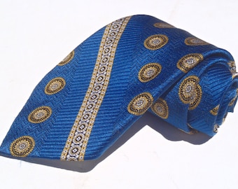 Vintage 1970s Wide Blue Polyester Tie with Gold Aztec Stripes from Sears Mens Store