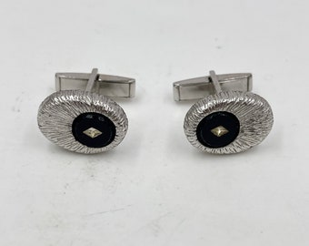 Vintage Silvertone Inscribed Oval with Black and Diamond Gemstone Cufflinks