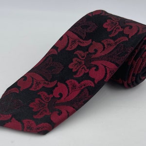 Vintage 1980s Skinny Black Acetate Tie with Red Floral Pattern by Together Crafts
