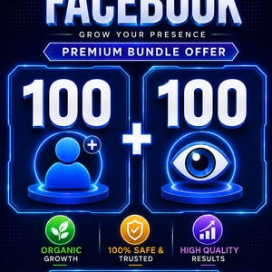 May include: A digital graphic advertisement for a Facebook premium bundle offer. The text reads FACEBOOK GROW YOUR PRESENCE PREMIUM BUNDLE OFFER, 100 plus 100, ORGANIC GROWTH, 100% SAFE & TRUSTED, HIGH QUALITY RESULTS, ORDER WITH CONFIDENCE, sajidprocreations.