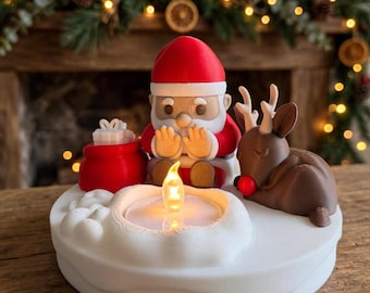 Kerstvuur Tafellamp – 3D-geprinte kerst LED theelichthouder met kerstman en rendieren
