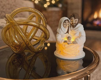 3D-geprinte LED-kerststallamp met de Heilige Familie, kerstsouvenir, religieus cadeau