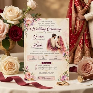 Könnte beinhalten: Eine rechteckige Hochzeitseinladungskarte mit einer zentralen Illustration eines Paares in traditioneller Kleidung, umgeben von Blumenmotiven. Der Text enthält 'Wedding Ceremony', 'Groom', 'Bride', 'Program' und die Nummer +92 300 1234567.
