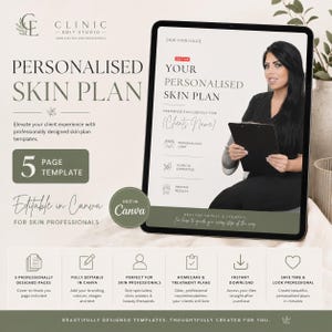 Op de afbeelding: Een digitale tablet toont een vijf-pagina sjabloon voor een gepersonaliseerd huidplan voor huidprofessionals. Het scherm bevat tekst zoals "Your Personalised Skin Plan" samen met diverse iconen en een bedrijfslogo.