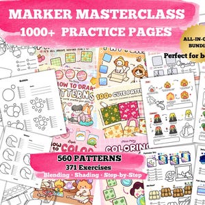 Può includere: Una raccolta digitale di pagine di pratica per pennarelli intitolata Marker Masterclass 1000+ Practice Pages, che include 560 motivi e 371 esercizi. Le pagine contengono guide passo-passo per la colorazione e tutorial per le texture.