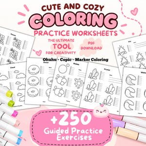 May include: A set of colouring practice worksheets featuring black and white line art of flowers, clouds, donuts, bubbles, crystals, fire, and water. The text reads Cute and Cozy Colouring Practice Worksheets, The Ultimate Tool for Creativity, Ohuhu Copic Marker Colouring, and +250 Guided Practice Exercises.