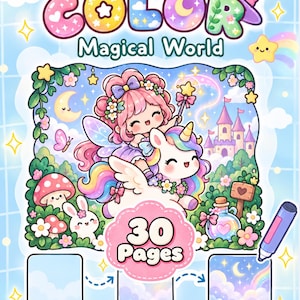 Puede incluir: Una portada de libro para colorear titulada How to Color Magical World con una hada de pelo rosa montando un unicornio alado, un castillo, setas y un conejo. La portada incluye el texto 30 Pages y Follow the steps to make a beautiful painting.
