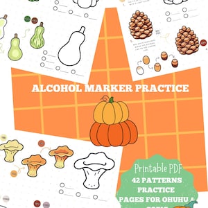 May include: A printable PDF practice sheet for alcohol markers featuring illustrations of pumpkins, pinecones, and mushrooms. The page includes step-by-step coloring guides, color swatches, and the text ALCOHOL MARKER PRACTICE and Printable PDF 42 PATTERNS.