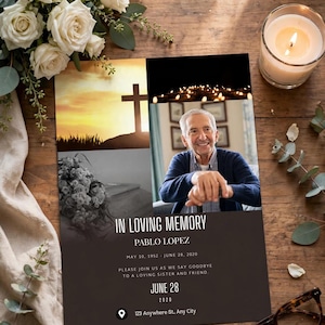 May include: A funeral program card featuring a photo of an elderly man, a sunset cross silhouette, and a black and white image of a casket with flowers. The text reads IN LOVING MEMORY, PABLO LOPEZ, MAY 10, 1952 - JUNE 28, 2020, and 123 Anywhere St., Any City.