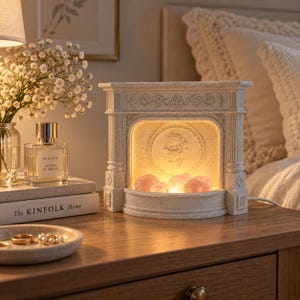 May include: A decorative light-up fireplace ornament featuring a textured stone-like finish, classical architectural columns, and a central circular relief of a rose. The interior is illuminated with a warm glow, highlighting several pink crystals.