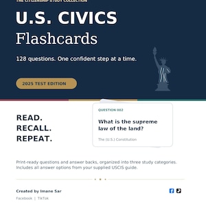 Puede incluir: Una guía de estudio digital azul oscuro y blanca titulada U.S. CIVICS Flashcards 2025 Test Edition. Incluye el icono de la Estatua de la Libertad, 128 preguntas y una tarjeta de muestra con la Question 002: What is the supreme law of the land? La respuesta es The (U.S.) Constitution.