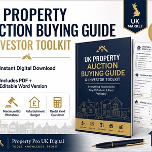 May include: A digital UK Property Auction Buying Guide and Investor Toolkit featuring a dark blue book cover with gold text, a property auction checklist, a maximum bid worksheet, a rental yield calculator, a black pen, and a house-shaped icon.