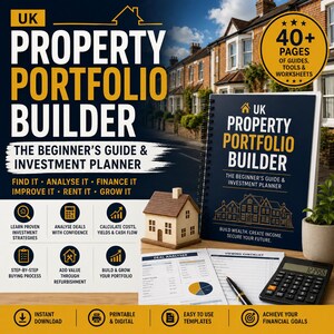 May include: A spiral-bound UK Property Portfolio Builder guide and investment planner with a dark blue cover, featuring a small wooden house model, a calculator, a pen, and printed deal analyzer and viewing checklist worksheets on a wooden surface.