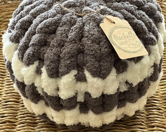 Cozy Crafted, Hand-Knit Round Dark Gray and Ivory Pillow