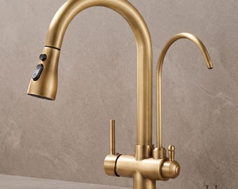 Rubinetto da cucina 3 in 1 in ottone anticato con doccetta estraibile e beccuccio con filtro (ottone massiccio)