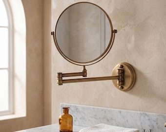 Antique Brass Wall Mount Makeup Mirror Folding Extendable Double Arm Vanity Mirror 360 Swivel Two Sided Shaving Mirror Vintage BathroomDecor