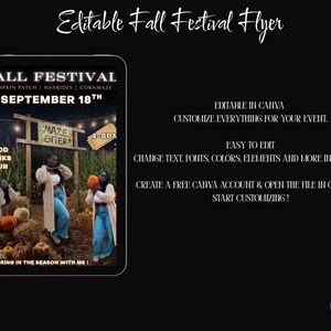 May include: An editable digital flyer template for a Fall Festival event. The flyer features a night scene with people in a pumpkin patch, corn maze, and hay bales. Text includes "FALL FESTIVAL", "SEPTEMBER 18TH", and "MAZE ENTER". Includes Canva instructions.