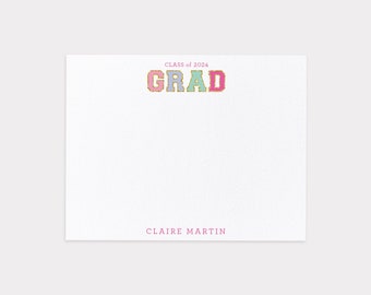 Colorful Class of 2024 Thank You Note Cards with Graduate Name, Preppy Flat Note Card Stationery Set, High School Graduation Gift for Girls