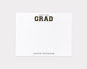 Class of 2024 Thank You Note Cards with Graduate Name, Varsity Letters Flat Note Card Stationery Set, High School Graduation Gift