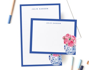 Ginger Jar Peony Stationary Set, Personalized Stationery, Mothers Day Gifts, Personalized Notepad, Blue & White Stationary