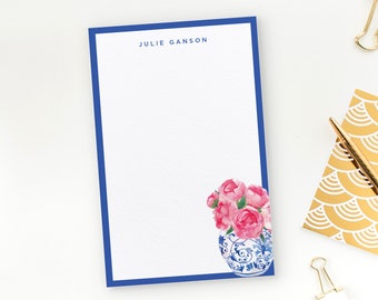 Personalized Ginger Jar Note Pad, Memo Pad, Custom Notepad, Blue and White Note Pad, Peonies in Ginger Jar Design - To Do List Notepad