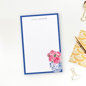 Personalized Ginger Jar Note Pad, Memo Pad, Custom Notepad, Blue and White Note Pad, Peonies in Ginger Jar Design - To Do List Notepad