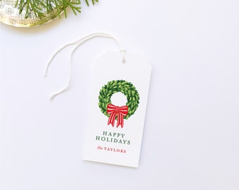 Happy Holidays Gift Tag with Wreath and Red Bow, Personalized Tags, Custom Holiday Gift Tags, Red and White Plaid Holiday, Hostess Gift Tag