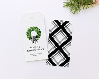 Merry Christmas Gift Tags, Personalized Tags, Custom Holiday Gift Tags, Wreath with Bow Tag, Black and White Plaid Holiday, Hostess Gift Tag