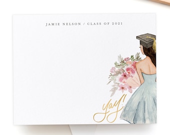 Class of 2021 Note Cards Girl Graduate, Personalized Graduation Thank You Notes with Name, Grad Thank You Card - Your Choice of Hair Color
