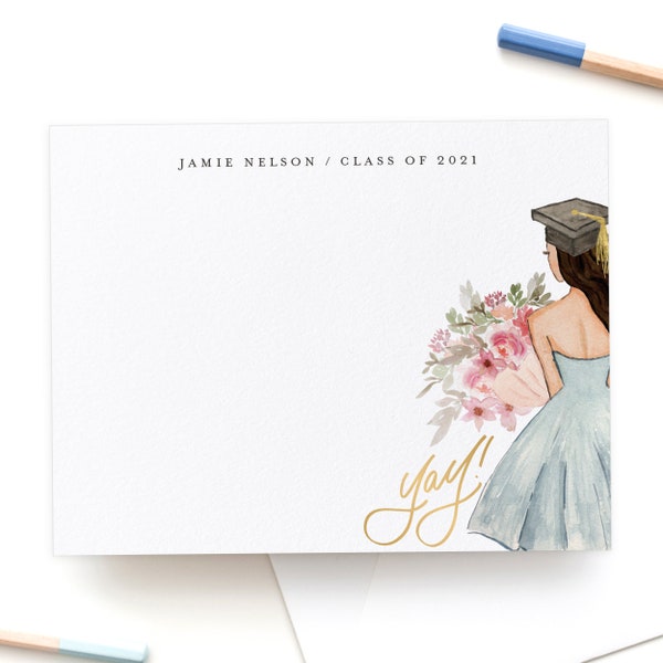 Class of 2021 Note Cards Girl Graduate, Personalized Graduation Thank You Notes with Name, Grad Thank You Card - Your Choice of Hair Color
