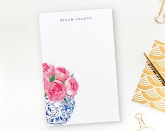 Personalized Ginger Jar Note Pad, Memo Pad, Custom Notepad, Blue and White Note Pad, Peonies in Ginger Jar Design - To Do List Notepad